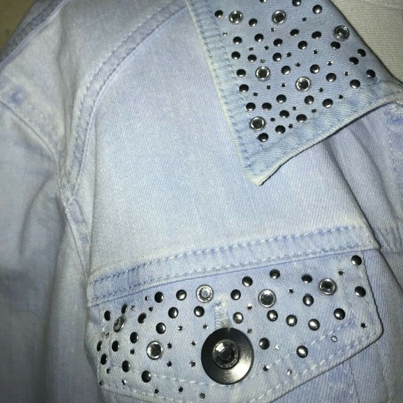 Chico's Platinum Light Baby Blue Stud Rhinestone Denim Jacket - Picture 4 of 11